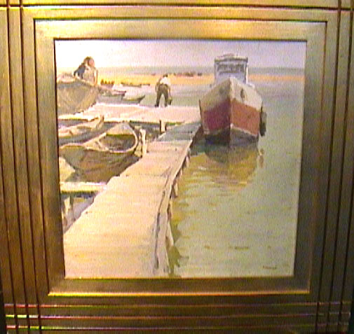 Valentin ilyich dudin: Quadro Vintage Barca al molo del XX Secolo. Pezzo di storia autentico - Robertaebasta® Art Gallery opere d’arte esclusive.
